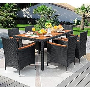 Flamaker 7 PCS Outdoor Patio Dining Set Outdoor Patio Furniture Set Rattan Chairs with Large Wood Table for Garden and Yard