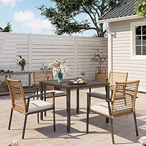 LAUSAINT HOME 5 Pieces Outdoor Patio Dining Set Wicker Patio Furniture Set of 4 Chairs with Soft Cushion and Square Table with Umbrella Hole Conversation Set for Backyard Garden and Poolside
