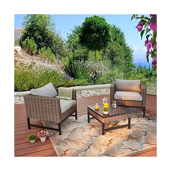   LOKATSE-HOME-3-Pieces-Outdoor-Patio-Balcony-Furniture-Rattan-Conversation-Set-Wicker-Chairs-with-Square-Table-Brown