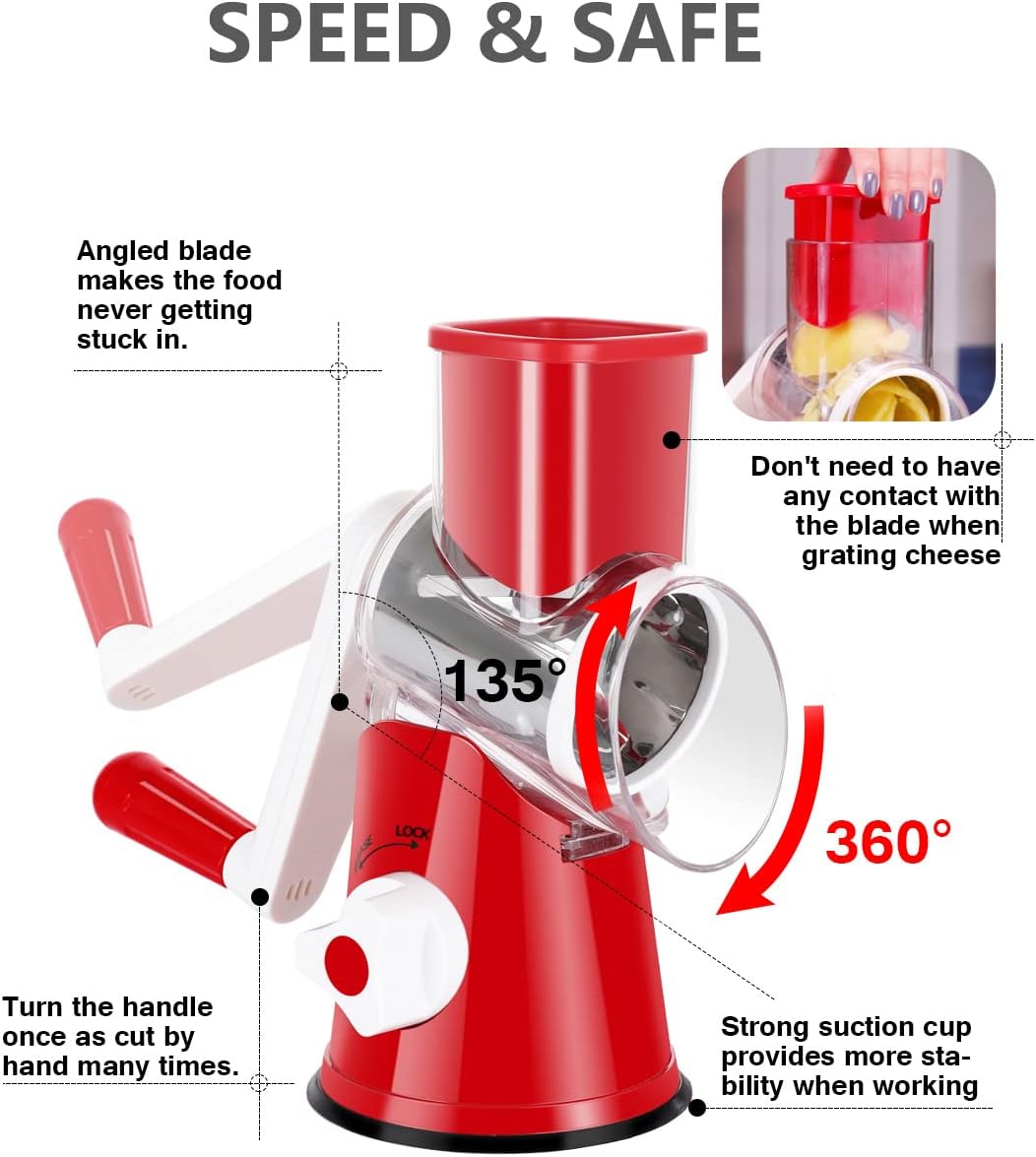 Rotary Cheese Grater with 3 Blade Set Stainless Steel Durable Effective