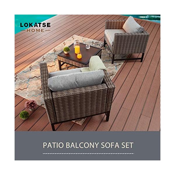   LOKATSE-HOME-3-Pieces-Outdoor-Patio-Balcony-Furniture-Rattan-Conversation-Set-Wicker-Chairs-with-Square-Table-Brown