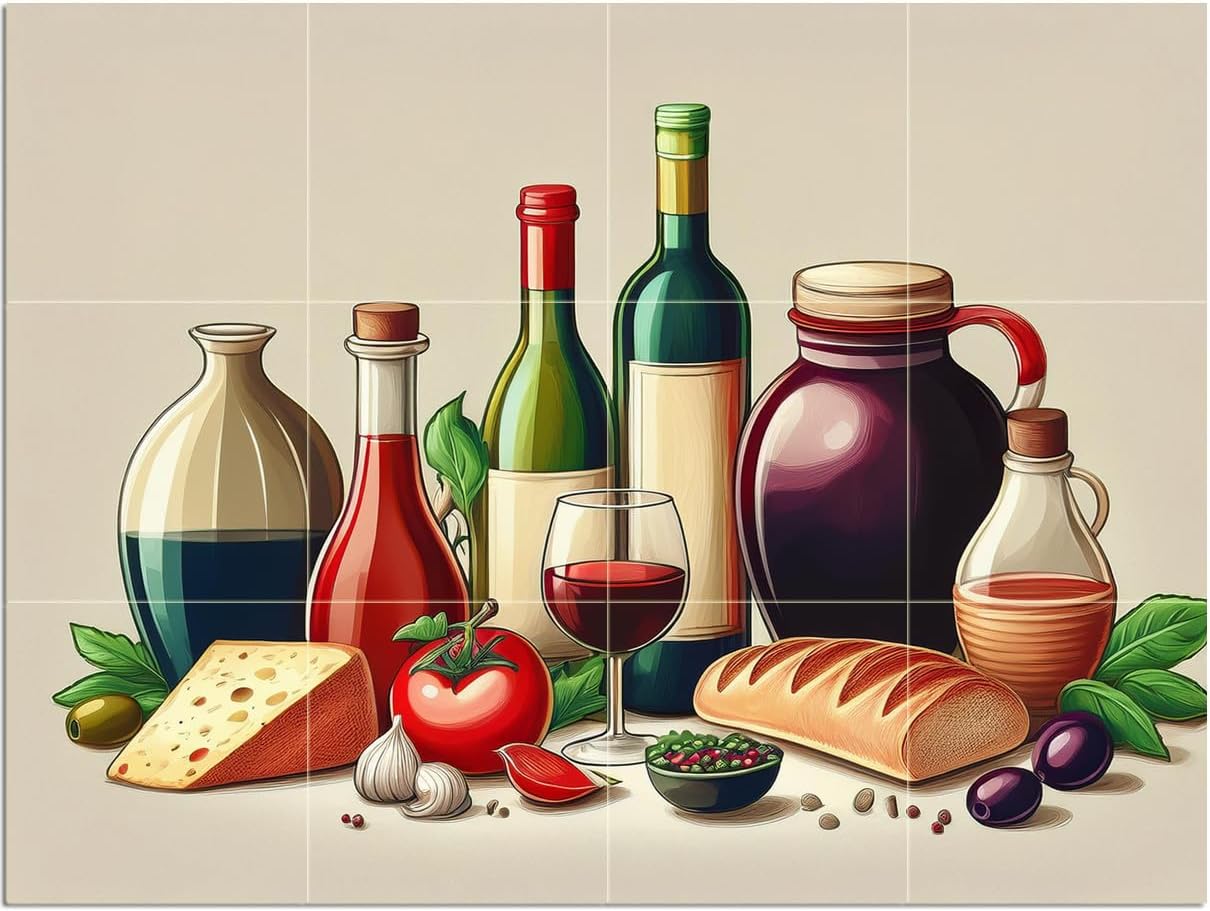 Tile Mural Wine Bread Cheese Tomatoes Wall Art Kitchen Backsplash Marble Ceramic - Picture 6 of 16