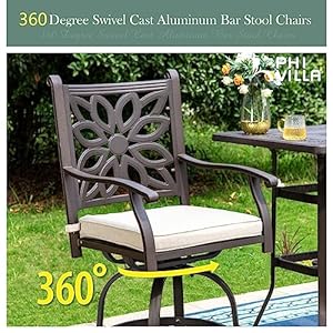   PHI-VILLA-Cast-Aluminum-High-Bar-Dining-Set-for-6-Person-7-Piece-Outdoor-Patio-Set-with-54-Dia-Cast-Top-Aluminum-Table21-Umbrella-Hole-and-6-Outdoor-Swivel-Bar-Stool-Chairs-with-Seat-Cushions
