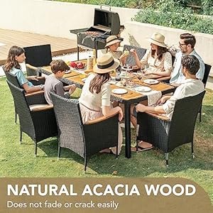 Devoko Outdoor Patio Dining Sets 9 Pieces Wicker Outdoor Dining Table and Chairs Set with Acacia Wood Table Top and Widened Armrests for Backyard Garden Deck Black