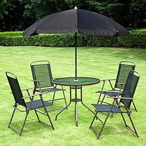 Outsunny 6 Piece Patio Dining Set for 4 with Umbrella Outdoor Table and Chairs with 4 Folding Dining Chairs Round Glass Table for Garden Backyard and Poolside Black