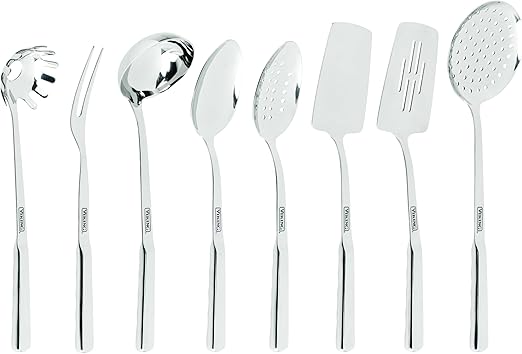 Viking Kitchen Utensils Set, 8 Piece Stainless Steel Cooking Utensil Set, Includes Spatulas, Spoons, Pasta Fork, Deep Ladle, Meat Fork, and Skimmer, Silver