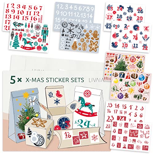 LIVAIA Autocollant de Noël: 327 magnifiques autocollants de Noël et autocollants pour le calendrier de l'Avent avec des chiffres de 1 à 24 - Kit de 10 feuilles de stickers - Etiquettes décoration