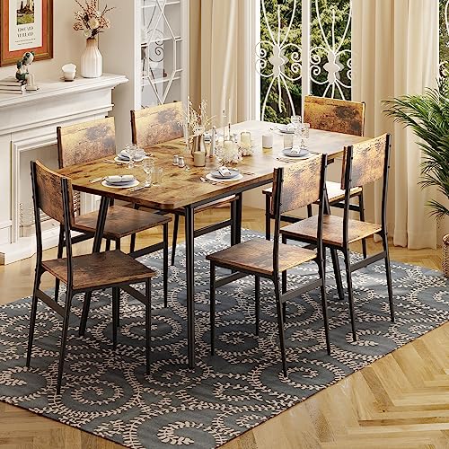 63-Extendable-Dining-Table-Set-for-4-6-People-7-Piece-Dining-Table-Set-for-6-People-with-6-Chairs-MDF-Wood-Board-Kitchen-Table-Set-for-Small-Space-and-Apartment-Rustic-Brown 63 Extendable Dining Table Set for 4 6 People 7 Piece Dining Table Set for 6 People with 6 Chairs MDF Wood Board Kitchen Table Set for Small Space and Apartment Rustic Brown