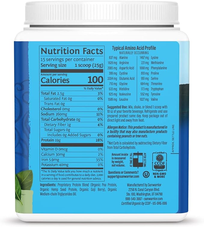 Sunwarrior Vegan Organic Protein Powder is a plant-based protein supplement that is formulated with BCAA amino acids to support muscle growth and recovery. It is made from a blend of organic pea protein, organic hemp seed protein, and organic goji berry protein to provide a complete amino acid profile. This protein powder is free from soy, dairy, gluten, and synthetic ingredients, making it suitable for those with dietary restrictions and sensitivities.