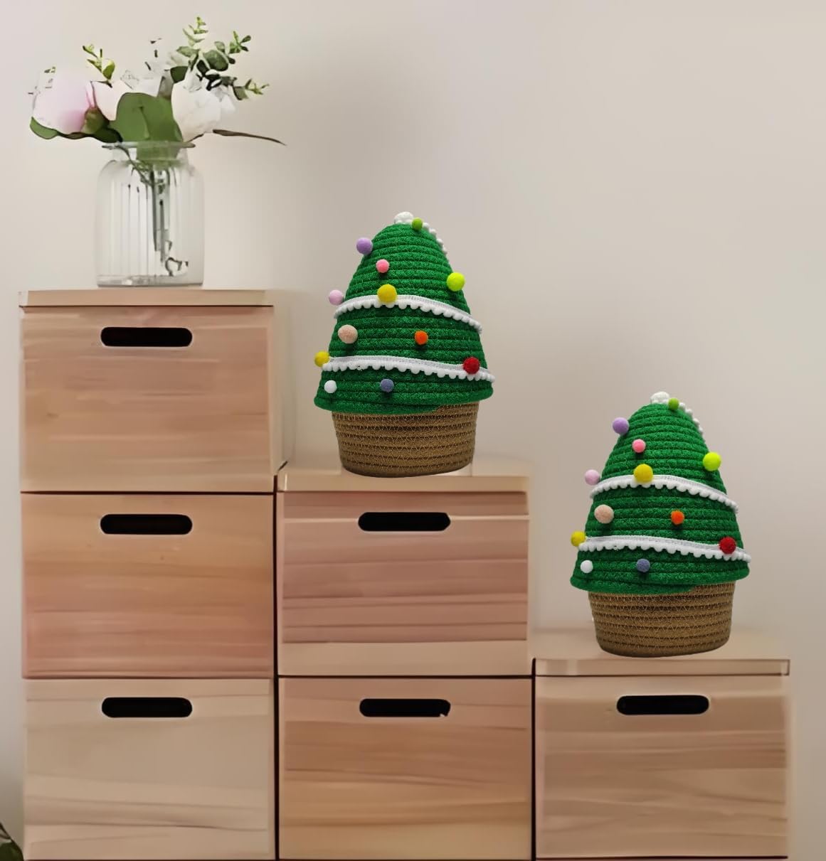 SINGLIN Christmas Tree Woven Basket with Lid and Pom-Poms