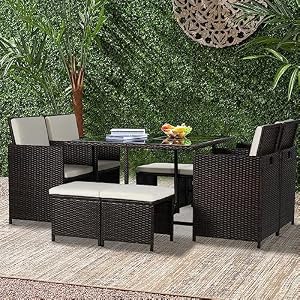 Outdoor Patio Furniture Set 9 Pieces Patio Dining Sets Space Saving Wicker Furniture with 4 Rattan Chairs 4 Ottomans and Glass Table for Outdoor Backyard Porch Poolside Balcony,Khaki Cushion Outdoor Patio Furniture Set 9 Pieces Patio Dining Sets Space Saving Wicker Furniture with 4 Rattan Chairs 4 Ottomans and Glass Table for Outdoor Backyard Porch Poolside BalconyKhaki Cushion