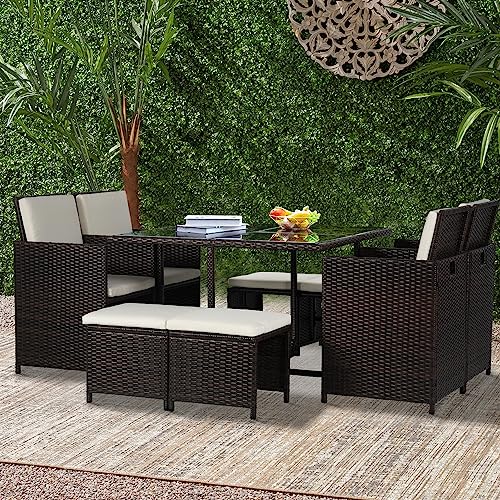 Outdoor-Patio-Furniture-Set-9-Pieces-Patio-Dining-Sets-Space-Saving-Wicker-Furniture-with-4-Rattan-Chairs-4-Ottomans-and-Glass-Table-for-Outdoor-Backyard-Porch-Poolside-BalconyKhaki-Cushion Outdoor Patio Furniture Set 9 Pieces Patio Dining Sets Space Saving Wicker Furniture with 4 Rattan Chairs 4 Ottomans and Glass Table for Outdoor Backyard Porch Poolside BalconyKhaki Cushion