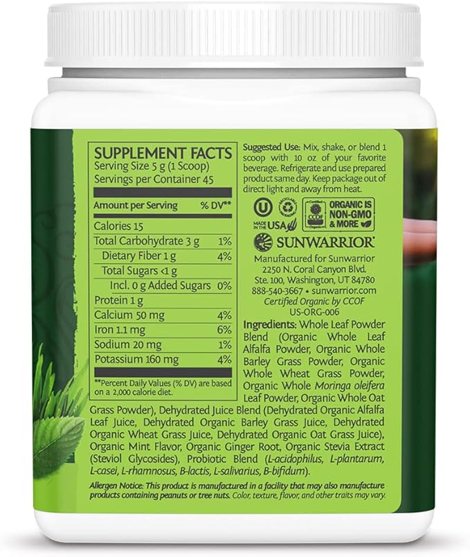 Sunwarrior Vegan Organic Greens Probiotic Powder is a unique supplement that combines the benefits of organic greens with probiotics for improved digestive health. Each serving contains 2 billion CFU of probiotics to support a healthy gut environment. This powder is made with raw, plant-based ingredients and is free from soy, gluten, dairy, sugar, and is kosher certified.