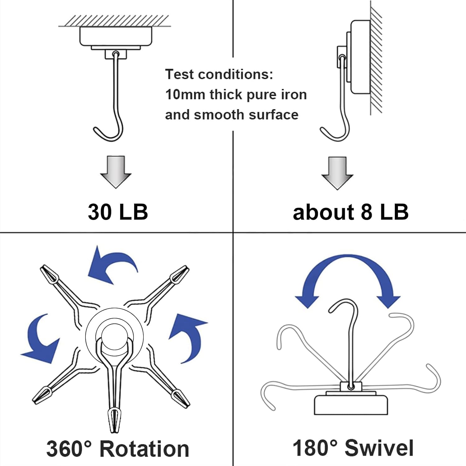 E BAVITE Black Swivel Swing Magnetic Hooks Pack of 6