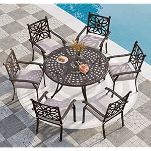 PHI VILLA Patio Dining Set for 6 Person 7 Piece Cast Aluminum Outdoor Table Chair Set with 54 Dia Cast Top Aluminum Table21 Umbrella Hole and 6 Extra Wide Dining Chairs with Seat Cushions