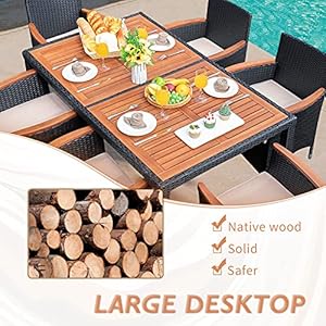 Flamaker 7 PCS Outdoor Patio Dining Set Outdoor Patio Furniture Set Rattan Chairs with Large Wood Table for Garden and Yard