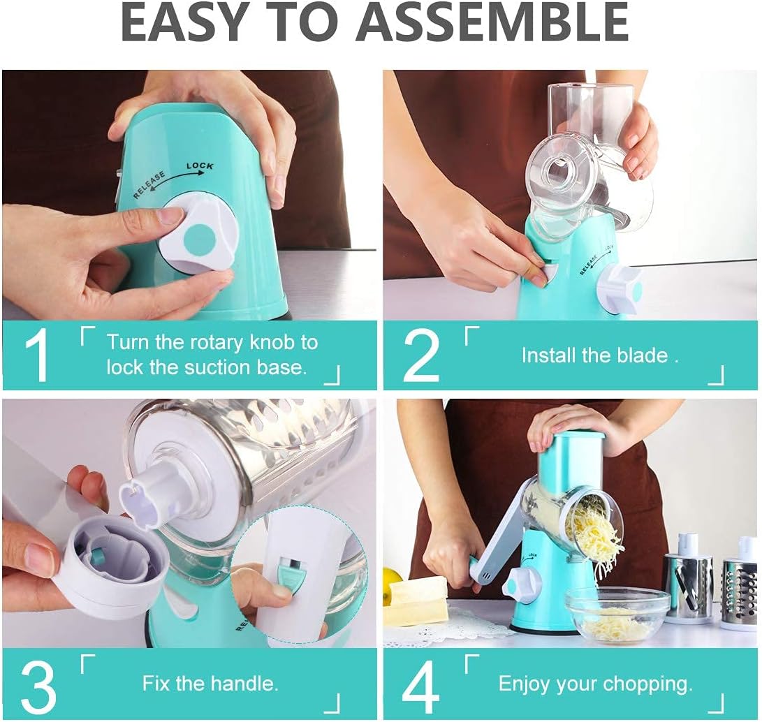 Rotary Cheese Grater with 3 Blades for Creative Slicing Grating