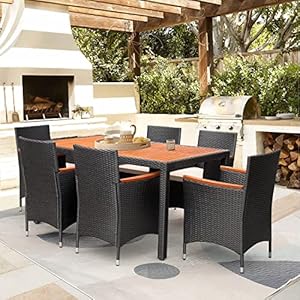 Flamaker 7 Piece Patio Dining Set Outdoor Acacia Wood Table and Chairs with Soft Cushions Wicker Patio Furniture for Deck, Backyard, Garden Flamaker 7 Piece Patio Dining Set Outdoor Acacia Wood Table and Chairs with Soft Cushions Wicker Patio Furniture for Deck Backyard Garden