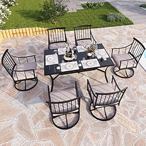   PHI-VILLA-Outdoor-Patio-Dining-Set-of-7-Metal-Furniture-Set-6-Swivel-Chairs-Blue-Cusiton-with-1-Rectangular-Umbrella-Table-for-Patio-Lawn-Garden