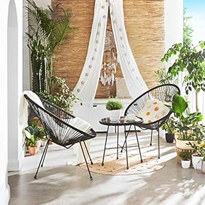 SONGMICS 3 Piece Outdoor Seating Acapulco Chair Modern Patio Furniture Set Glass Top Table and 2 Chairs Indoor and Outdoor Conversation Bistro Set Ink Black UGGF011B01