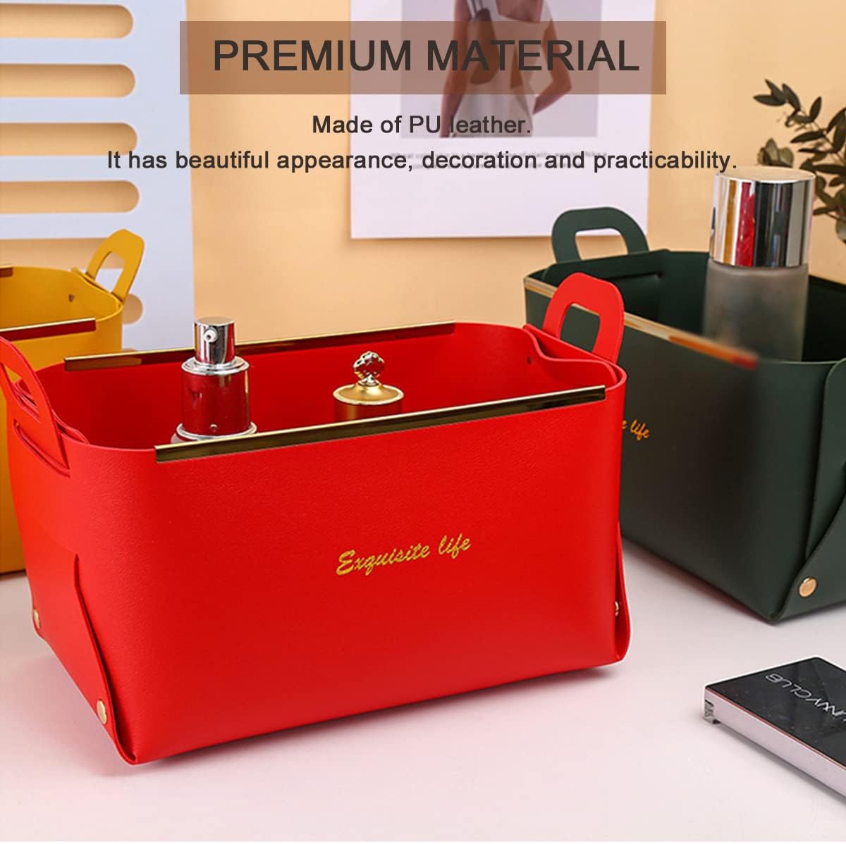 XINSHUN Foldable Faux Leather Storage Basket with Handles