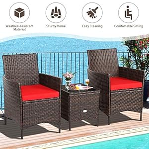 RELAX4LIFE 3 Pieces Patio Rattan Furniture Set with Glass Coffee Table Cushions Outdoor Conversation Set for Poolside Balcony Backyard Lawn Porch 3 Pieces PE Rattan Patio Set Red