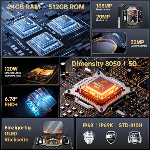 OUKITEL WP30 Pro 5G Outdoor Handy - 24GB+512GB Dimensity 8050 6,78 Zoll FHD+ 120Hz Outdoor Smartphone ohne vertrag 11000mAh/120W 108MP+20MP Vision Nocturne 32MP Frontkamera Android 13 IP68/NFC/WiFi 6 – Bild 3