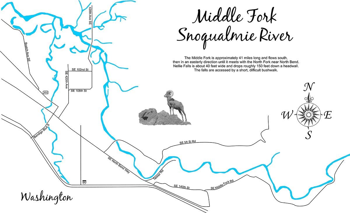 Snoqualmie River Map 31x47 Framed Wood Sign - Custom Text Nautical Art