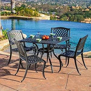 Christopher Knight Home Hallandale Cast Aluminum Outdoor Dining Set 5 Pcs Set Black Sand