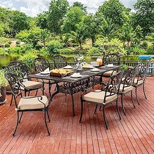 9 Piece Cast Aluminum Outdoor Table and Chairs Classic Vintage Patio Dining Set for 8 Include 87 Rectangular Patio Dining Table and 8 Chairs with Removable Cushion and Umbrella Hole
