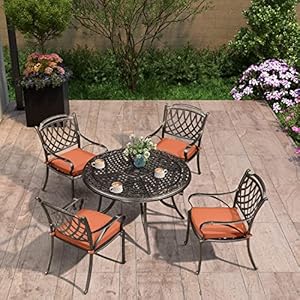 PURPLE LEAF Patio Dining Set Cast Aluminum 5 Piece Patio Furniture Set with 4 Dining Armchairs and 47 Round Table 4 Cushions Included for Lawn Yard Garden Rhombic Brick Red Outdoor Dining Set