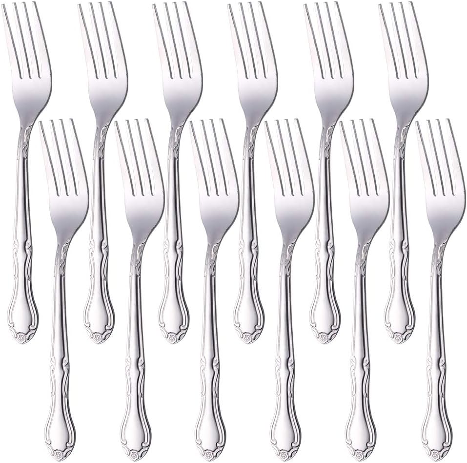 BUYUSE Rose Pattern Dinner Forks 12 Pieces 73-Inch Stainless Steel