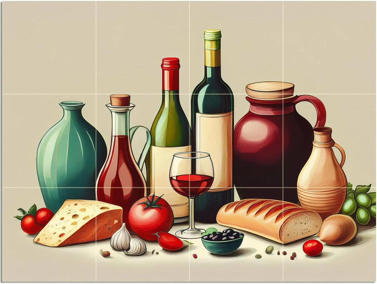 Mural Azulejos Vino Pan Queso Tomates Arte de Pared Cocina Salpicadero Mármol Cerámica - Imagen 6 de 16