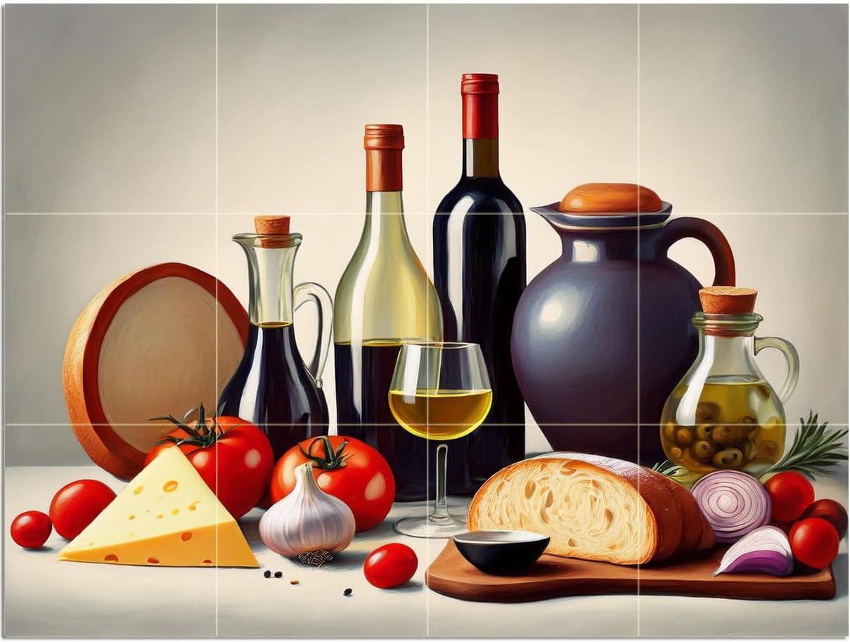 Mural Azulejos Vino Pan Queso Tomates Arte de Pared Cocina Salpicadero Mármol Cerámica - Imagen 6 de 16