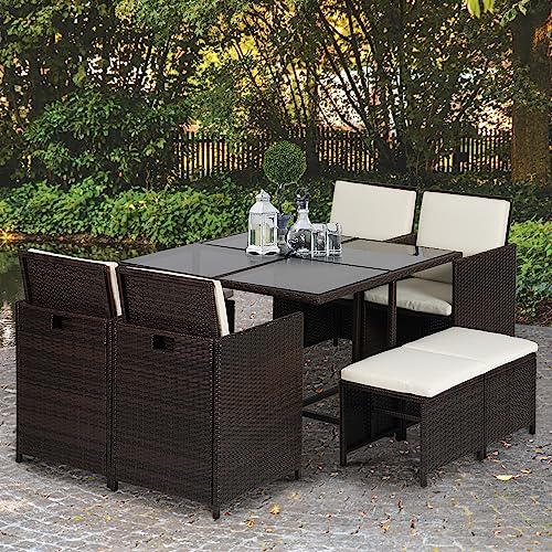 Outdoor-Patio-Furniture-Set-9-Pieces-Patio-Dining-Sets-Space-Saving-Wicker-Furniture-with-4-Rattan-Chairs-4-Ottomans-and-Glass-Table-for-Outdoor-Backyard-Porch-Poolside-BalconyKhaki-Cushion Outdoor Patio Furniture Set 9 Pieces Patio Dining Sets Space Saving Wicker Furniture with 4 Rattan Chairs 4 Ottomans and Glass Table for Outdoor Backyard Porch Poolside BalconyKhaki Cushion