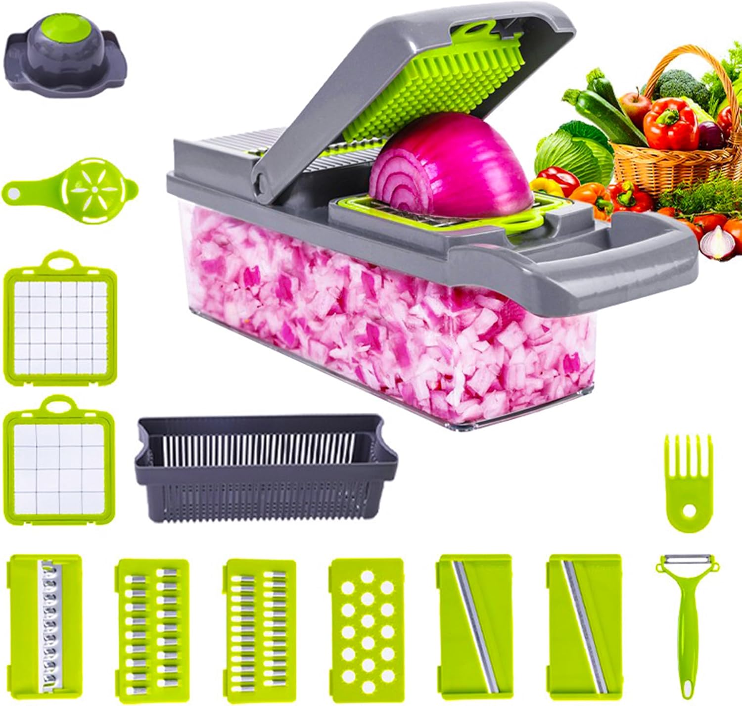 14-in-1 Vegetable Chopper w 8 Stainless Steel Blades Grey