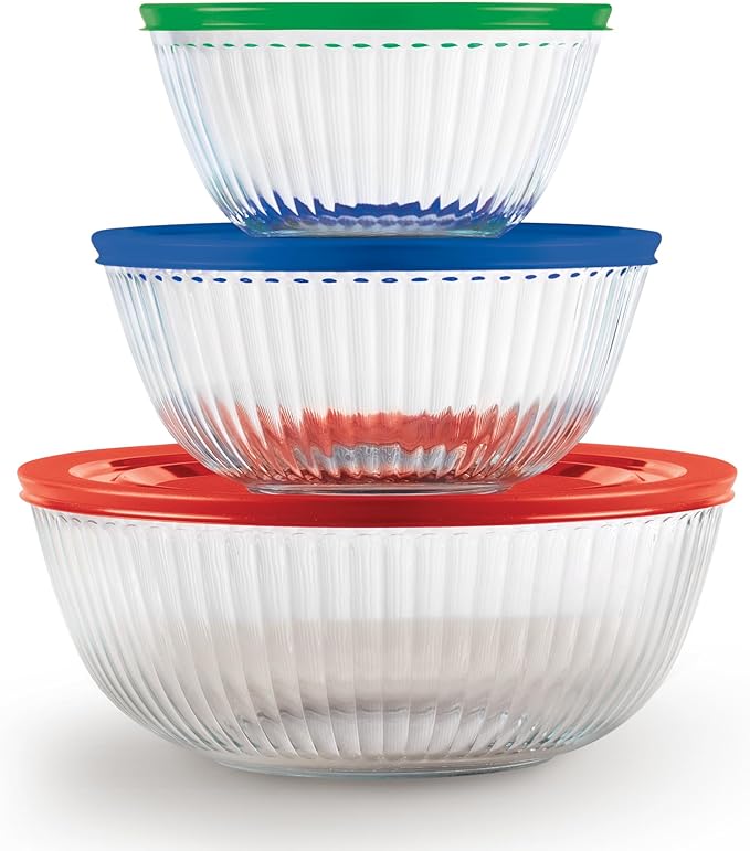 Pyrex Sculpted 3-Pack Glass Mixing Bowls (1.3 QT, 2.3 QT, 4.5 QT) with BPA-Free Lids
