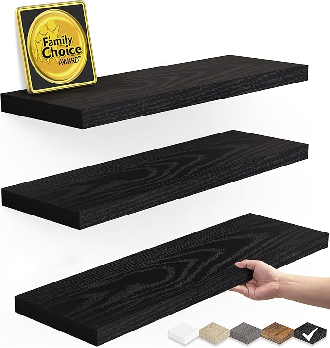 BAYKA Floating Shelves for Wall, Wall Mounted Rustic Wood Shelves for Bathroom, Bedroom, Living Room, Kitchen, Hanging Shelf for Books/Storage/Room Decor with 22lbs Capacity (Black, Set of 3, 15.7in)