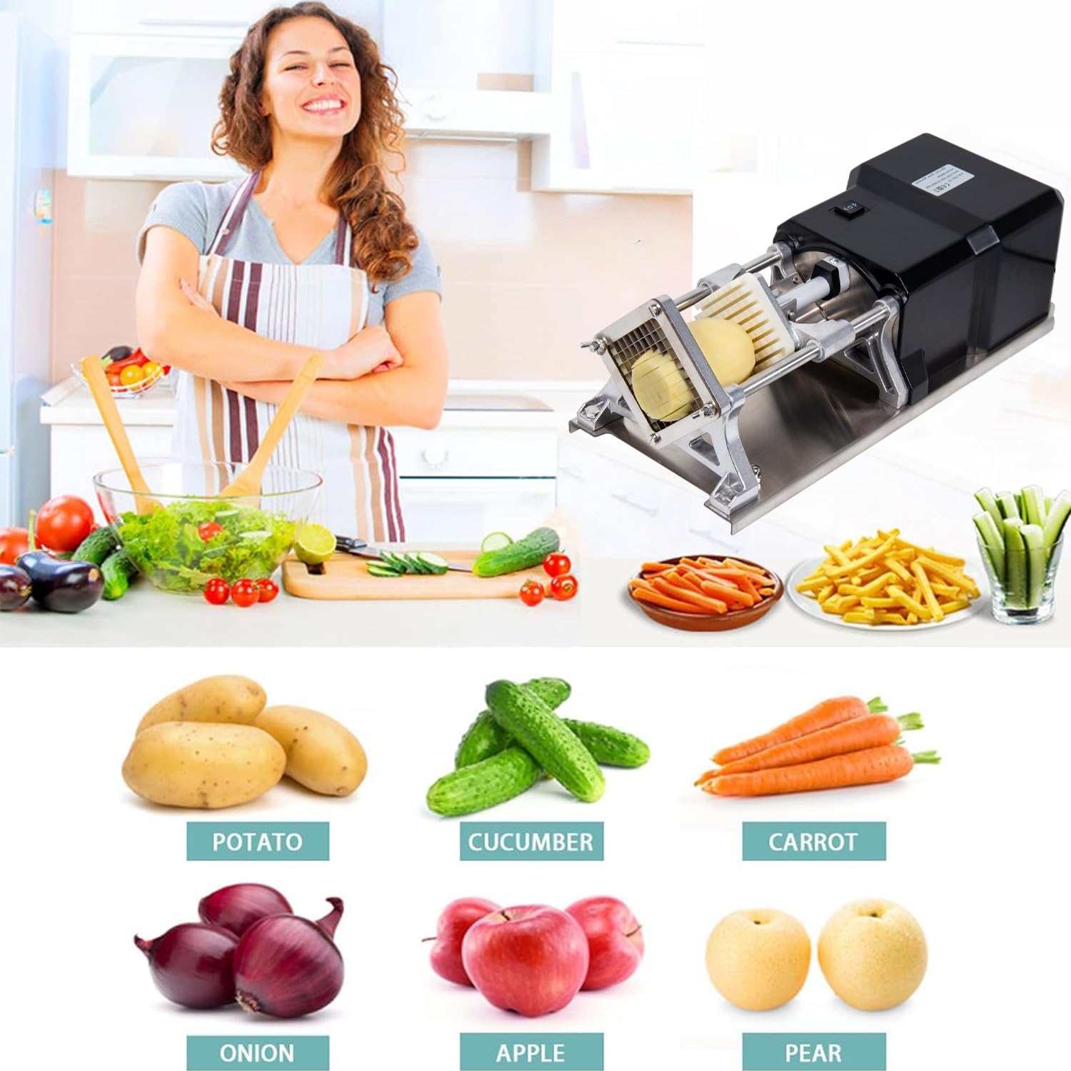 Electric French Fry Cutter Machine With 3 Sizes Stainless Steel Blades