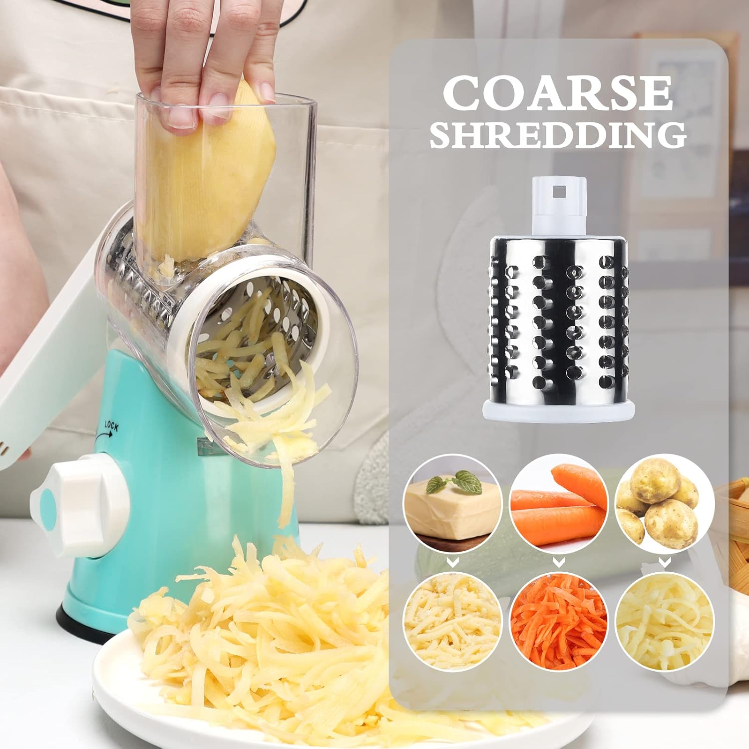 Rotary Cheese Grater with 3 Blades for Creative Slicing Grating