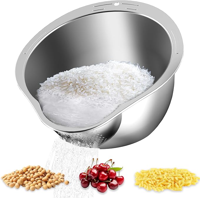 Rice Washer - Rice Washer Strainer Bowl - Rice Drainer Strainer - Fine Mesh Colander - Rice Cleaner Strainer - Colander Bowl for Rice Veggie Fruit Beans - Silver