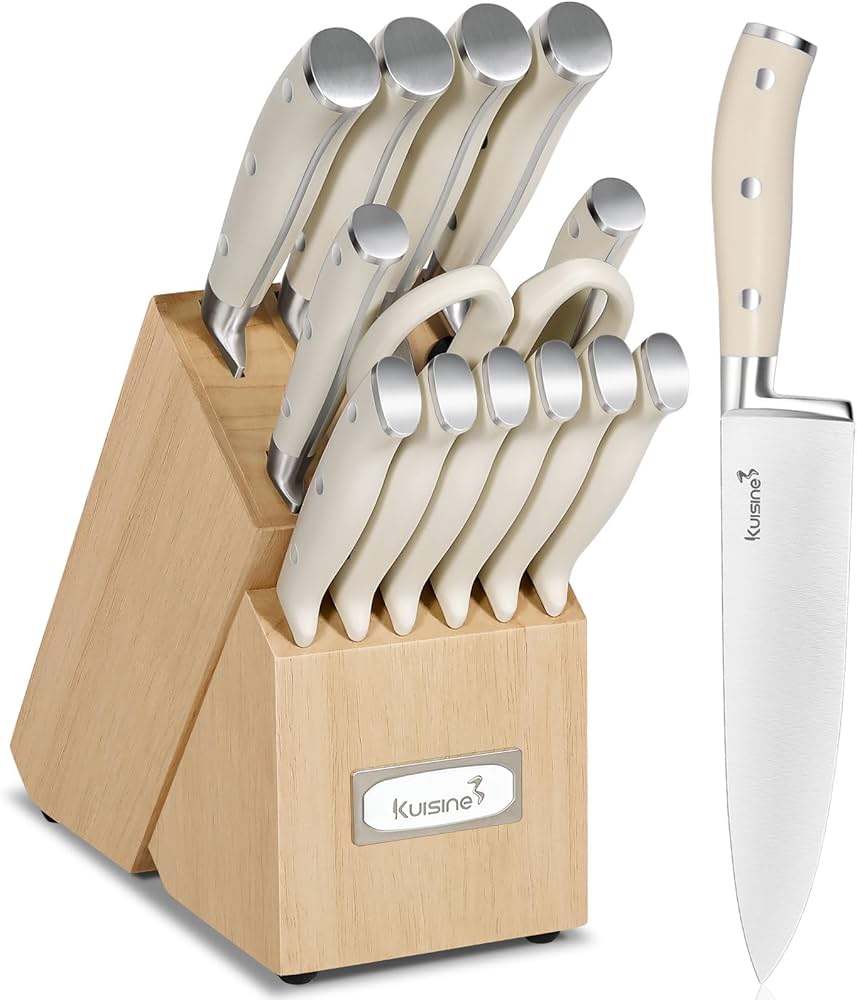 Kuisine Chef Knife Set,High Carbon Stainless Steel Sharp Knife Set Blade Ergonomic Handle,Kitchen Knife Block Set with Built-in Sharpener(Ivory Pro,15PCS)