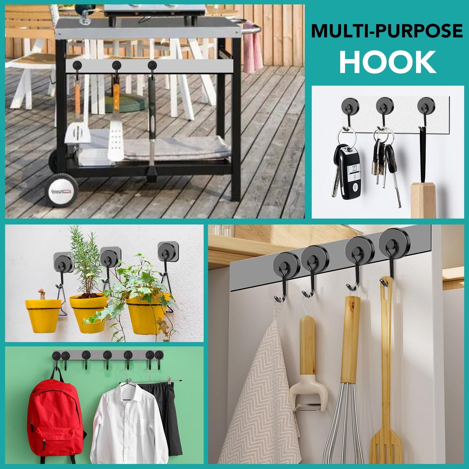 Get Everything in Place with 8 Black Magnetic Hooks Set