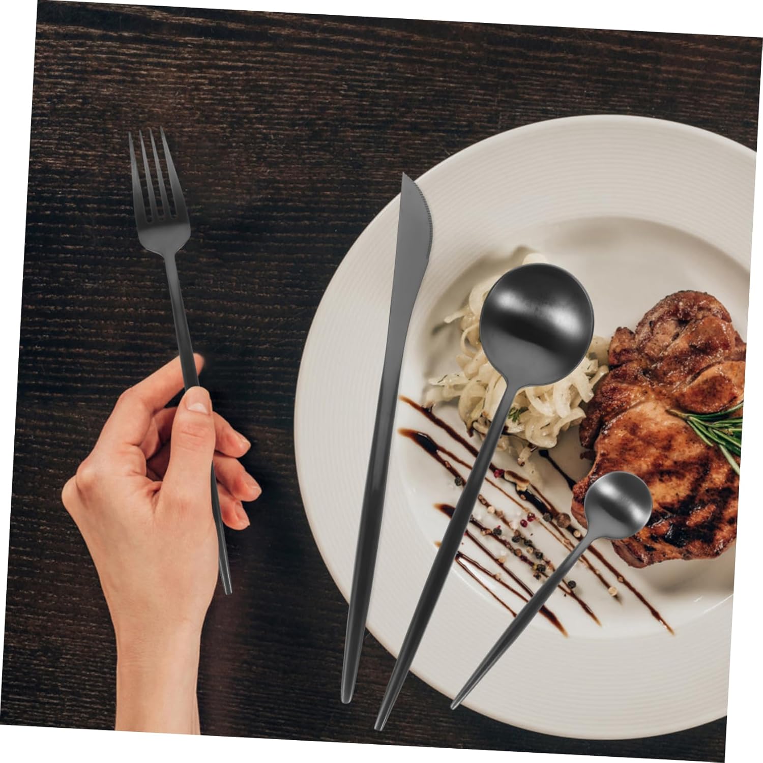 Stainless Steel Serving Set - Black Forks Spoons