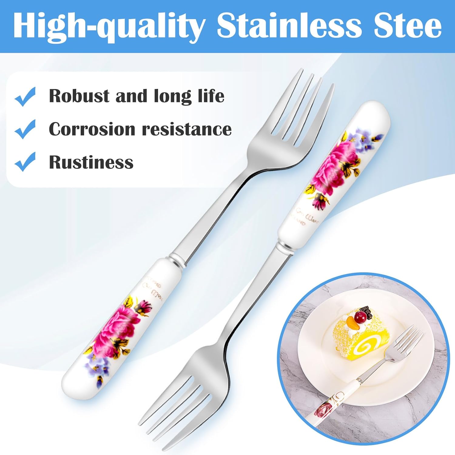 12Pcs Stainless Steel Floral Forks with Ceramic Handles