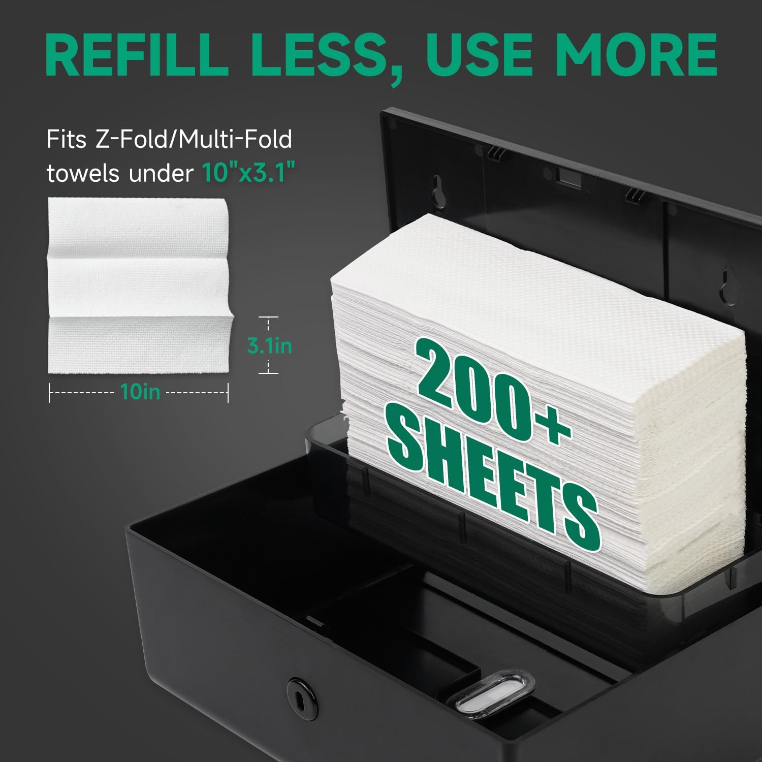 AnyDry Tri-Fold Towel Dispenser - Wall-Mounted 200 Sheets 10x31 Maximum Capacity Black
