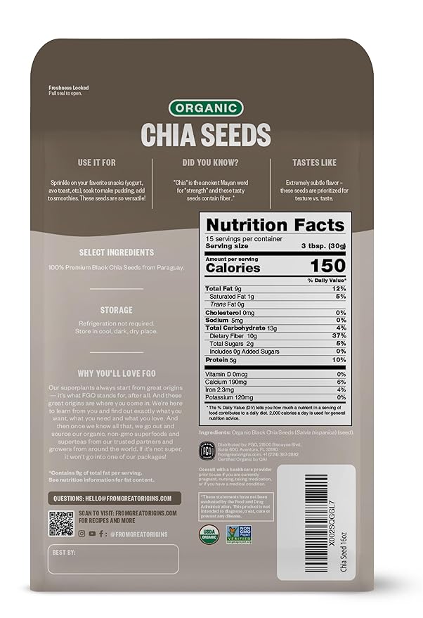 FGO Organic Chia Seeds are sourced from Paraguay and come in a 16oz pack. These chia seeds are organic, meaning they are grown without the use of synthetic pesticides or fertilizers. They are packed with nutrients such as omega-3 fatty acids, fiber, protein, and antioxidants.