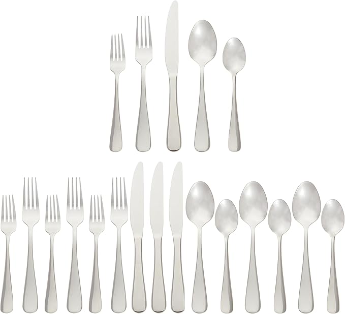 Amazon Basics Silverware Set, Stainless Steel Flatware, 20-Piece Forks and Spoons, Service for 4, Round Edge