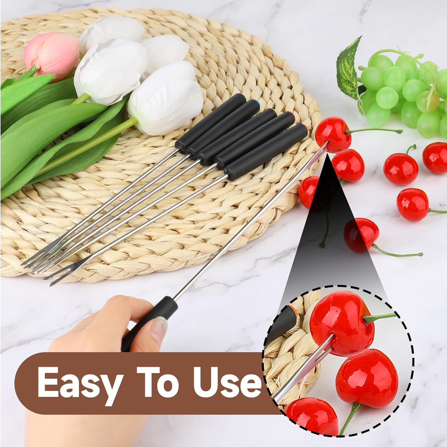 Mozeat Lens 6-Piece Stainless Steel Fondue Forks Heat-Resistant Handle