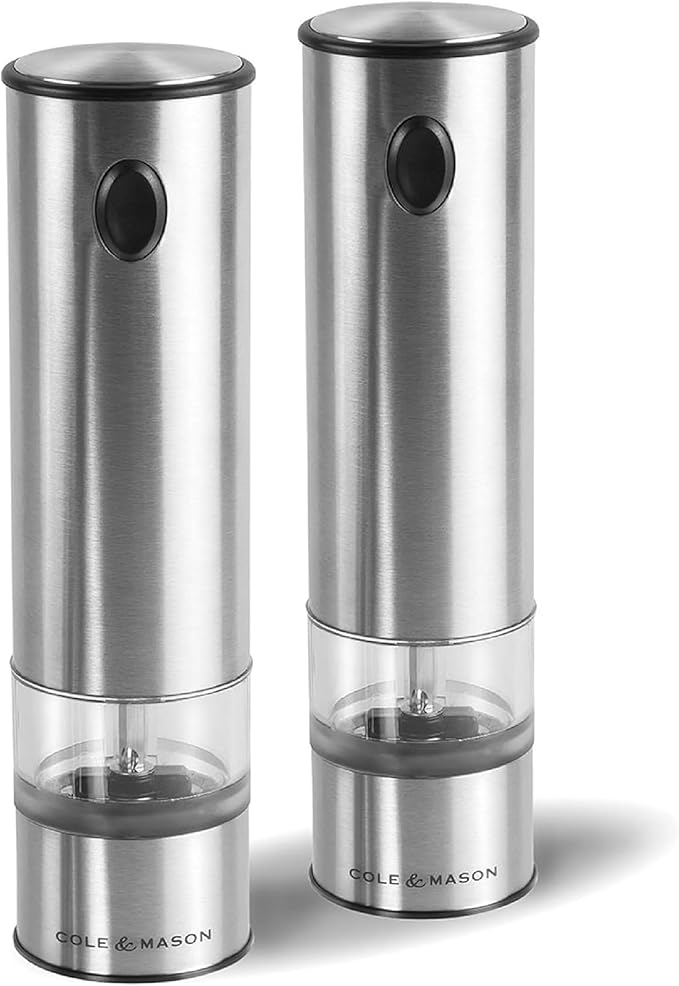 Electronic Salt & Pepper Mill Gift Set - One-Button Electric Spice Grinder with Large Grinding Chamber - Adjustable Grind Knob - Electric Kitchen Tool - Stainless Steel
